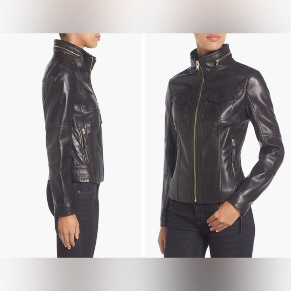 MICHAEL Michael Kors Leather Moto Jacket Front Zip Leather Jacket - Picture 1 of 15